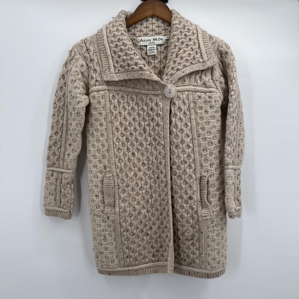 Aran Mor Sweater Womens Small Beige 100% Merino‎ Wool Cardigan Coatigan Ireland